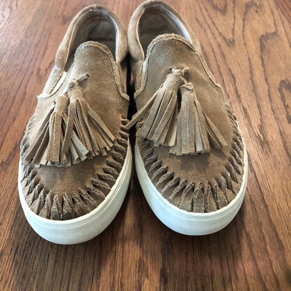J/Slides Slip On Womens Size 7 1/2 Aztec Tassel Cut Out Brown Suede Sneakers - Picture 1 of 11